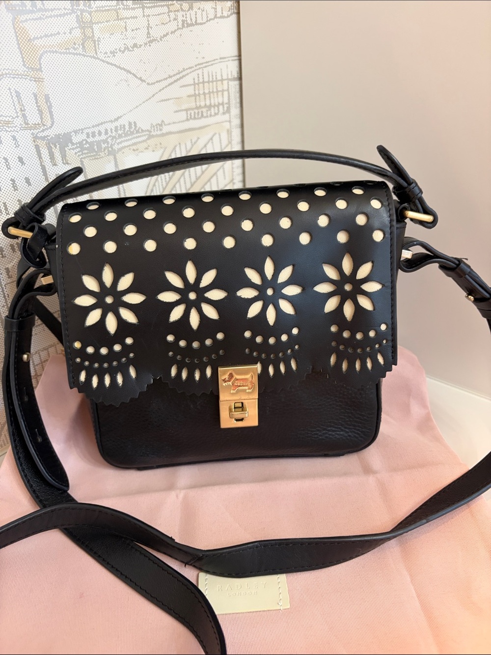 RADLEY LONDON Black Leather Crossbody with Cream Floral Cutouts and Gold Lock - Picture 2 of 16